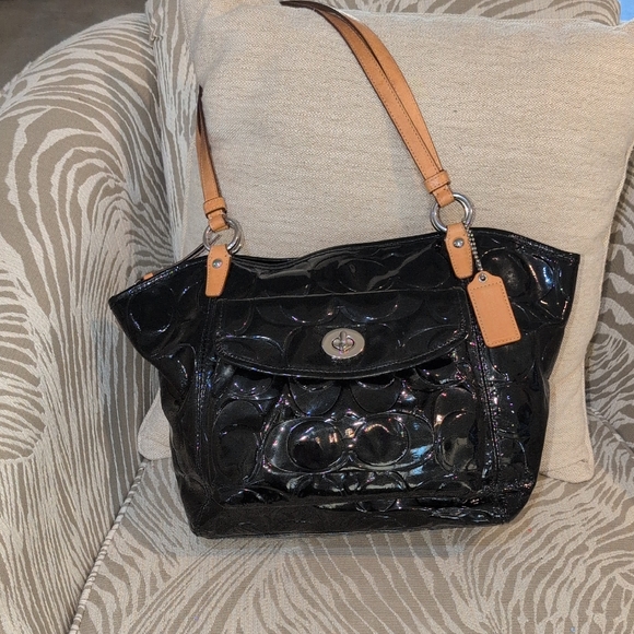 Coach Handbags - Coach Black Patent Leather Shoulder Bag with Tan Straps